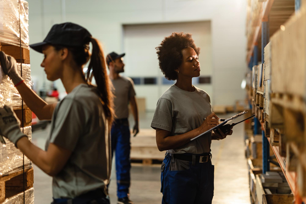 black-female-warehouse-worker-going-through-shipment-list-while-checking-stock-industrial-storage-compartment